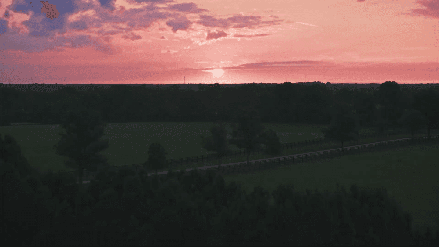 A pink dusk sky over a dark treeline and fenced Kentucky pasture, seen from the air